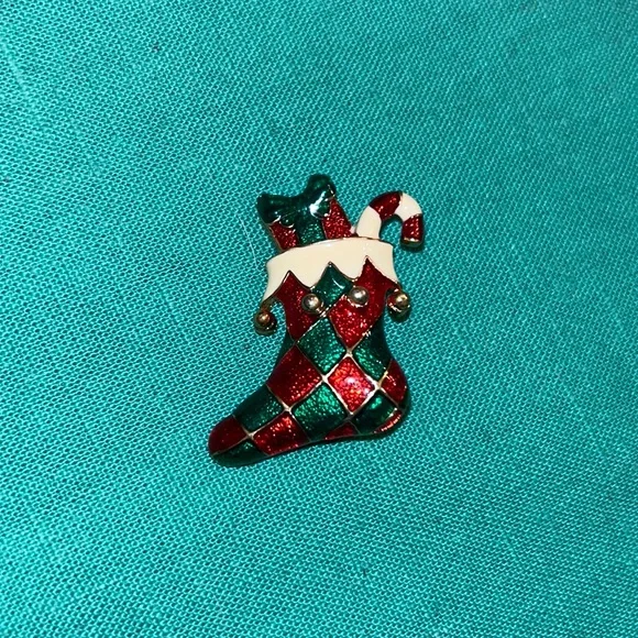Vintage Christmas Stocking Pin Brooch Broach Women Jewelry Gold - Picture 2 of 3